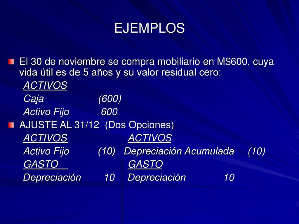 EJEMPLOS El 30 de noviembre se compra mobiliario en M$600, cuya vida útil es de 5 años y su valor residual cero: