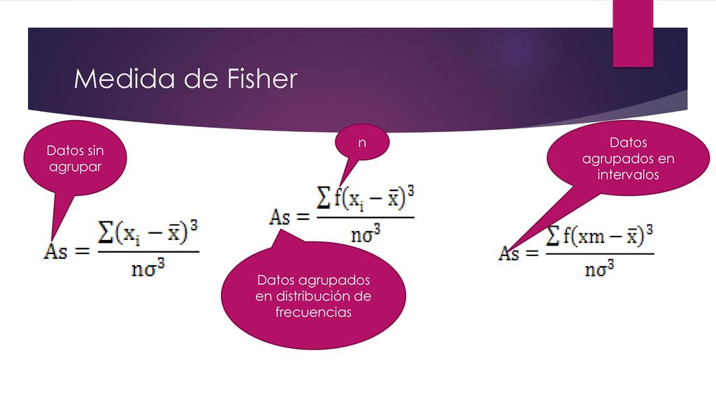 Medida de Fisher Datos agrupados en intervalos n Datos sin agrupar