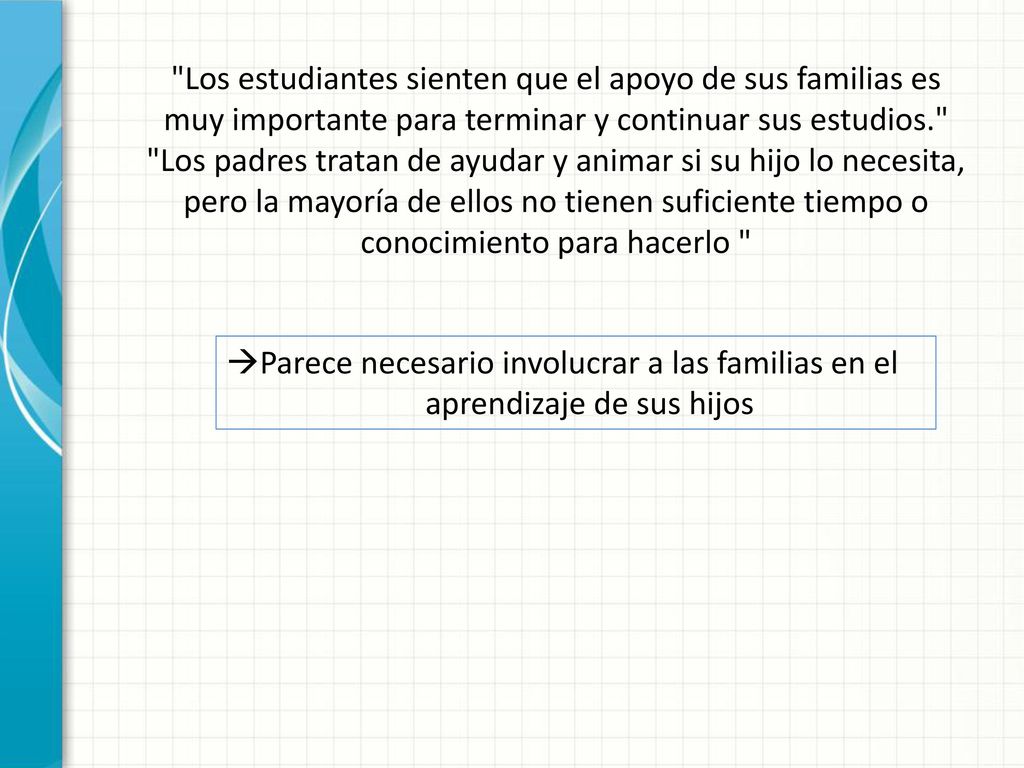 Los estudiantes sienten que el apoyo de sus familias es muy importante para terminar y continuar sus estudios. Los padres tratan de ayudar y animar si su hijo lo necesita, pero la mayoría de ellos no tienen suficiente tiempo o conocimiento para hacerlo