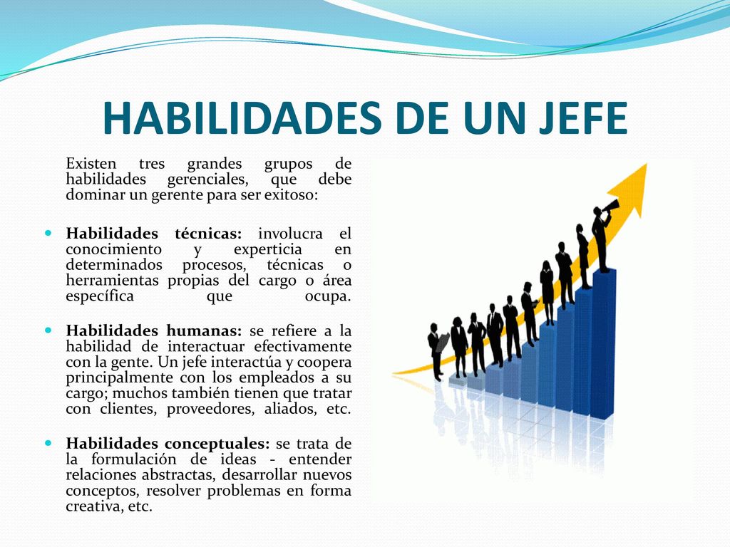 HABILIDADES DE UN JEFE Existen tres grandes grupos de habilidades gerenciales, que debe dominar un gerente para ser exitoso: