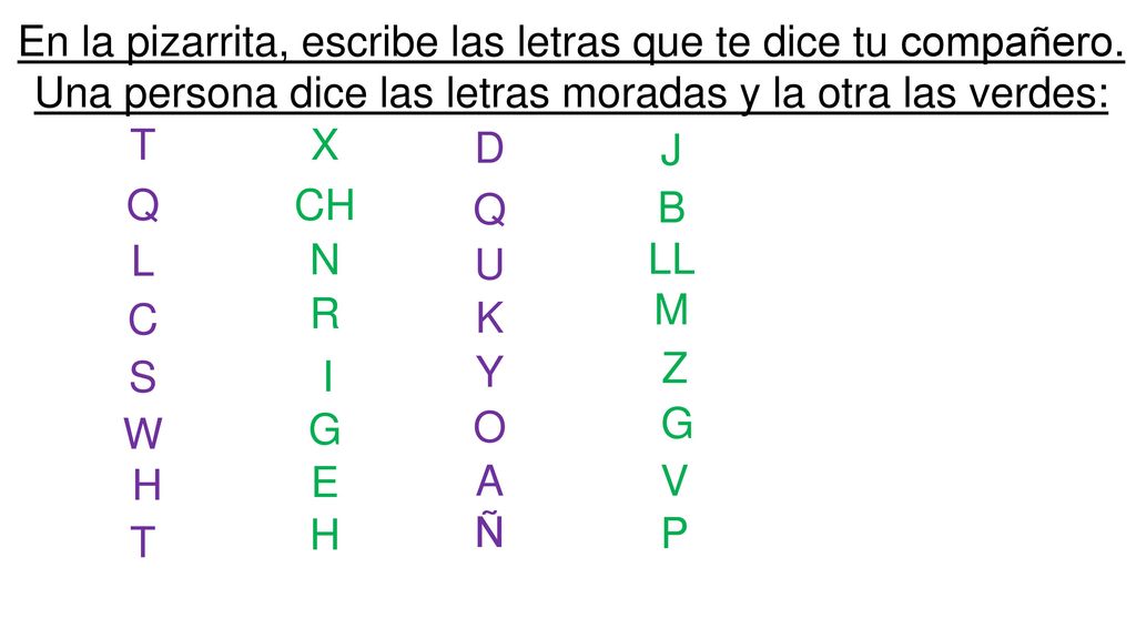 En la pizarrita, escribe las letras que te dice tu compañero.