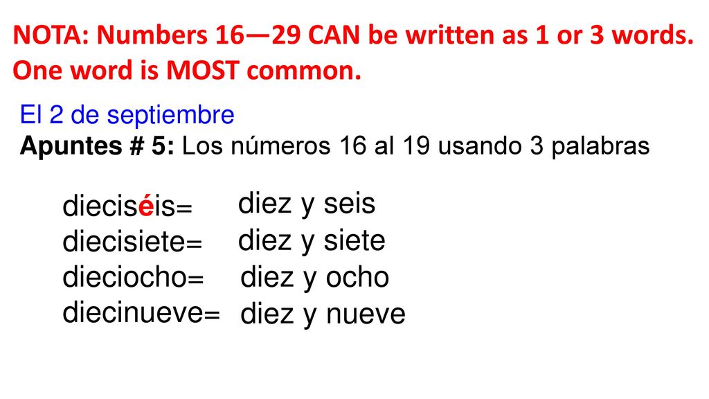 NOTA: Numbers 16—29 CAN be written as 1 or 3 words.