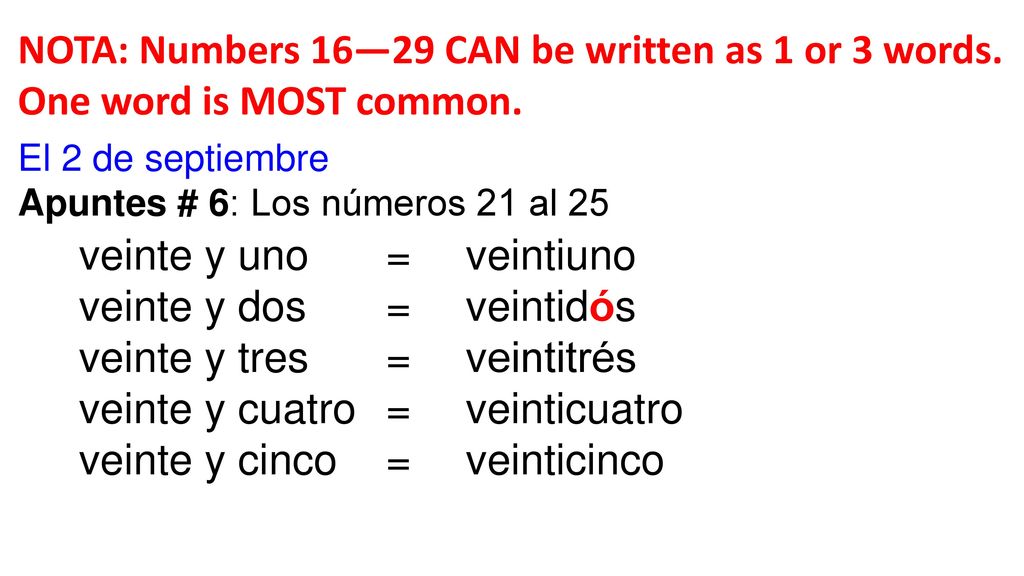 NOTA: Numbers 16—29 CAN be written as 1 or 3 words.