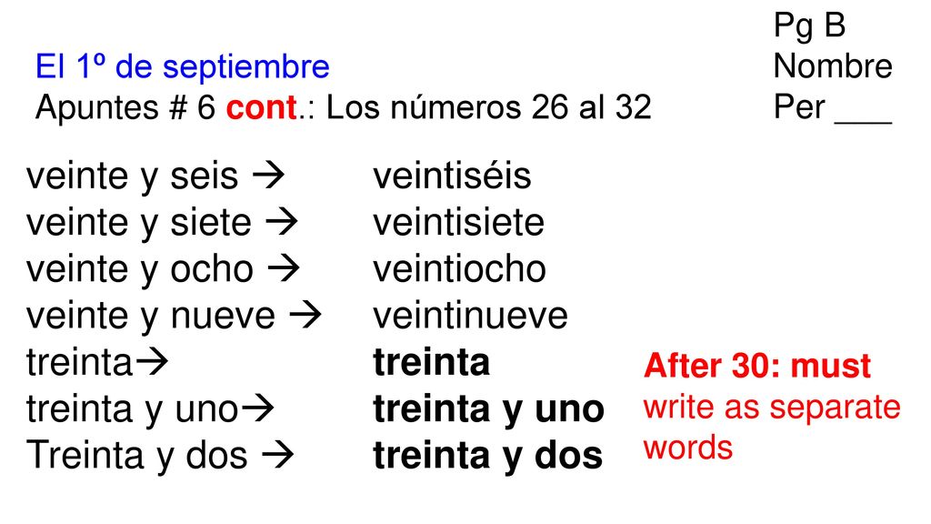 veinte y seis  veinte y siete  veinte y ocho  veinte y nueve 