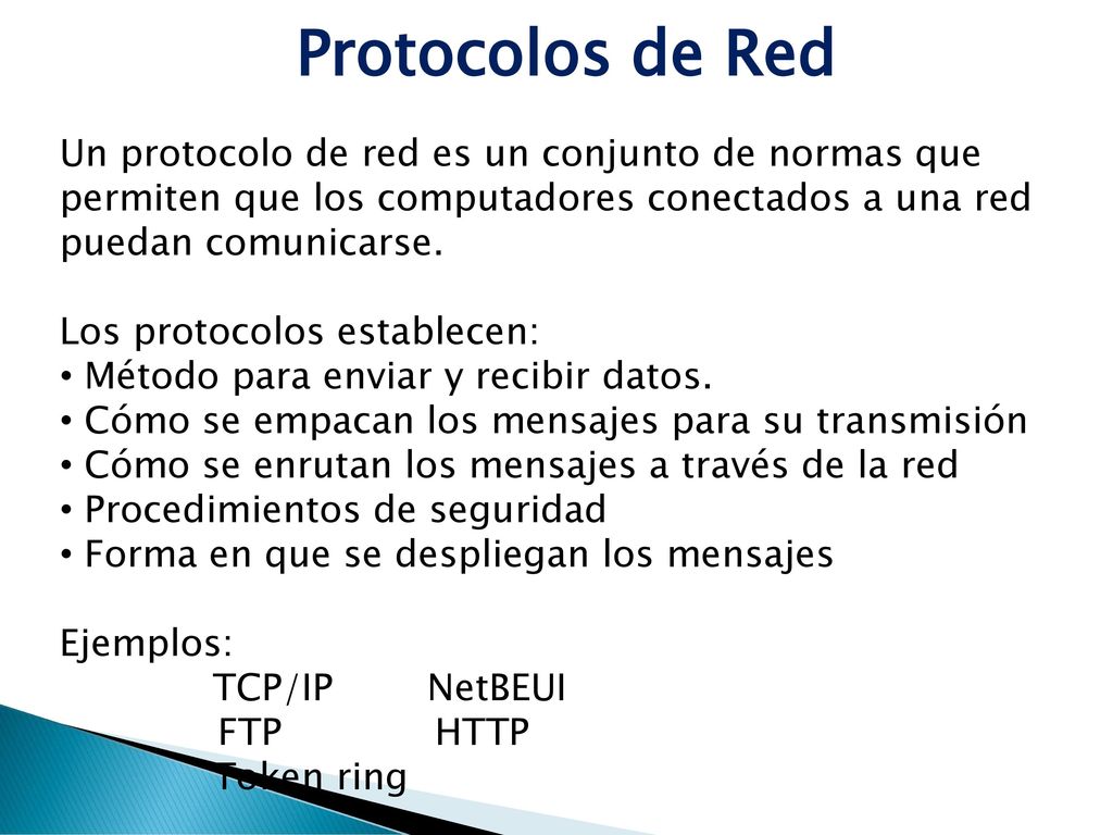 Protocolos de Red Un protocolo de red es un conjunto de normas que permiten que los computadores conectados a una red puedan comunicarse.