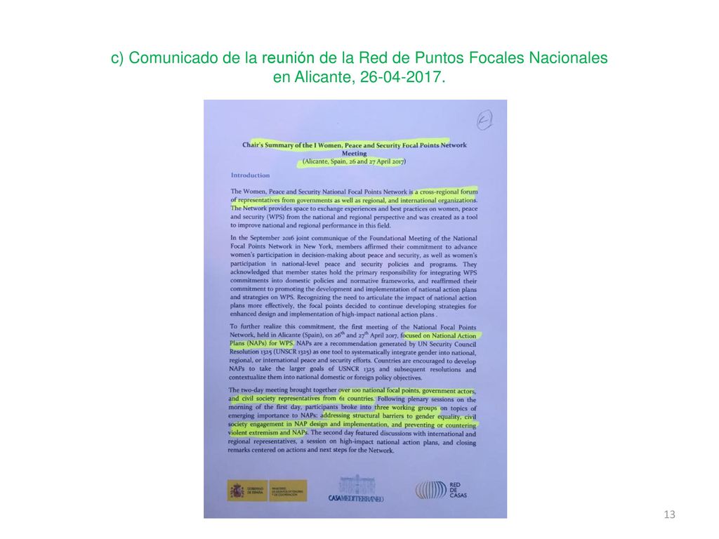 c) Comunicado de la reunión de la Red de Puntos Focales Nacionales en Alicante,