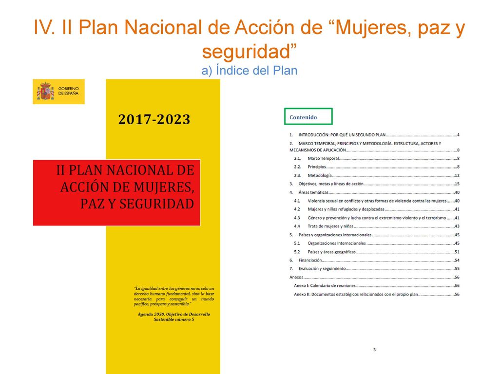 IV. II Plan Nacional de Acción de Mujeres, paz y seguridad a) Índice del Plan