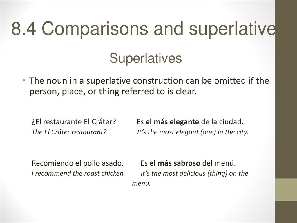 Superlatives The noun in a superlative construction can be omitted if the person, place, or thing referred to is clear.