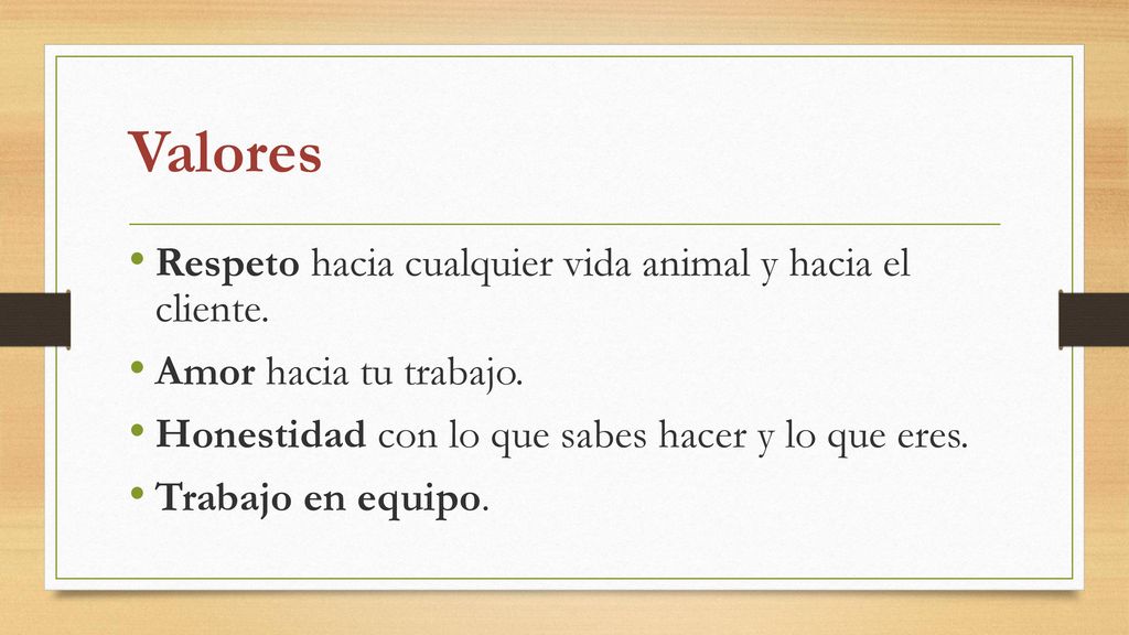 Valores Respeto hacia cualquier vida animal y hacia el cliente.