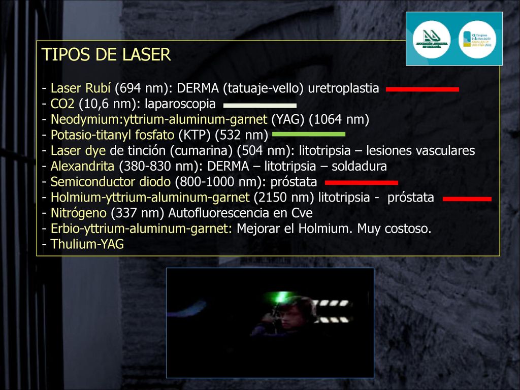 TIPOS DE LASER Laser Rubí (694 nm): DERMA (tatuaje-vello) uretroplastia. CO2 (10,6 nm): laparoscopia.
