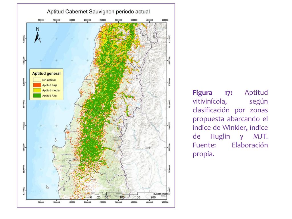 Figura 17: Aptitud vitivinícola, según clasificación por zonas propuesta abarcando el índice de Winkler, índice de Huglin y MJT. Fuente: Elaboración propia.