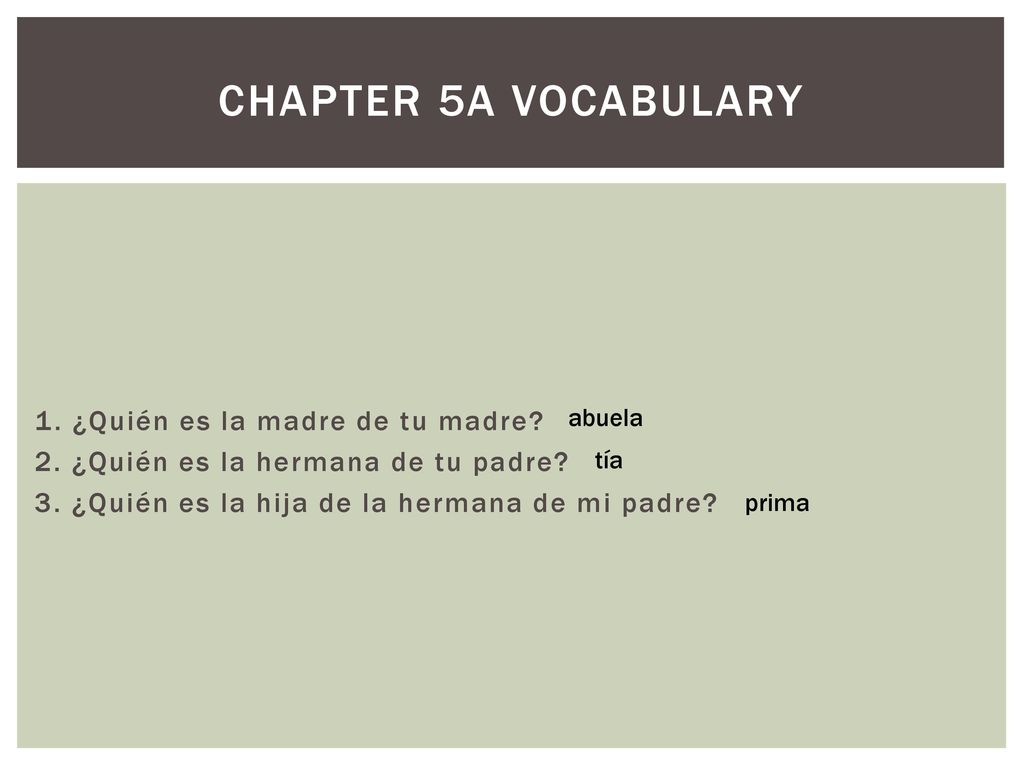 Chapter 5A vocabulary 1. ¿Quién es la madre de tu madre 2. ¿Quién es la hermana de tu padre 3. ¿Quién es la hija de la hermana de mi padre