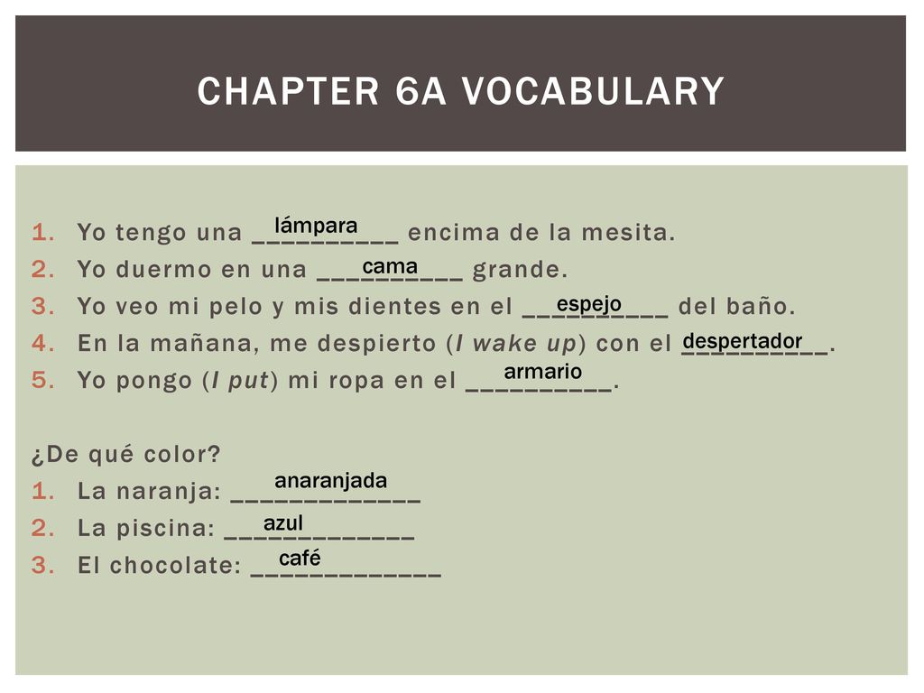 Chapter 6A vocabulary Yo tengo una __________ encima de la mesita.