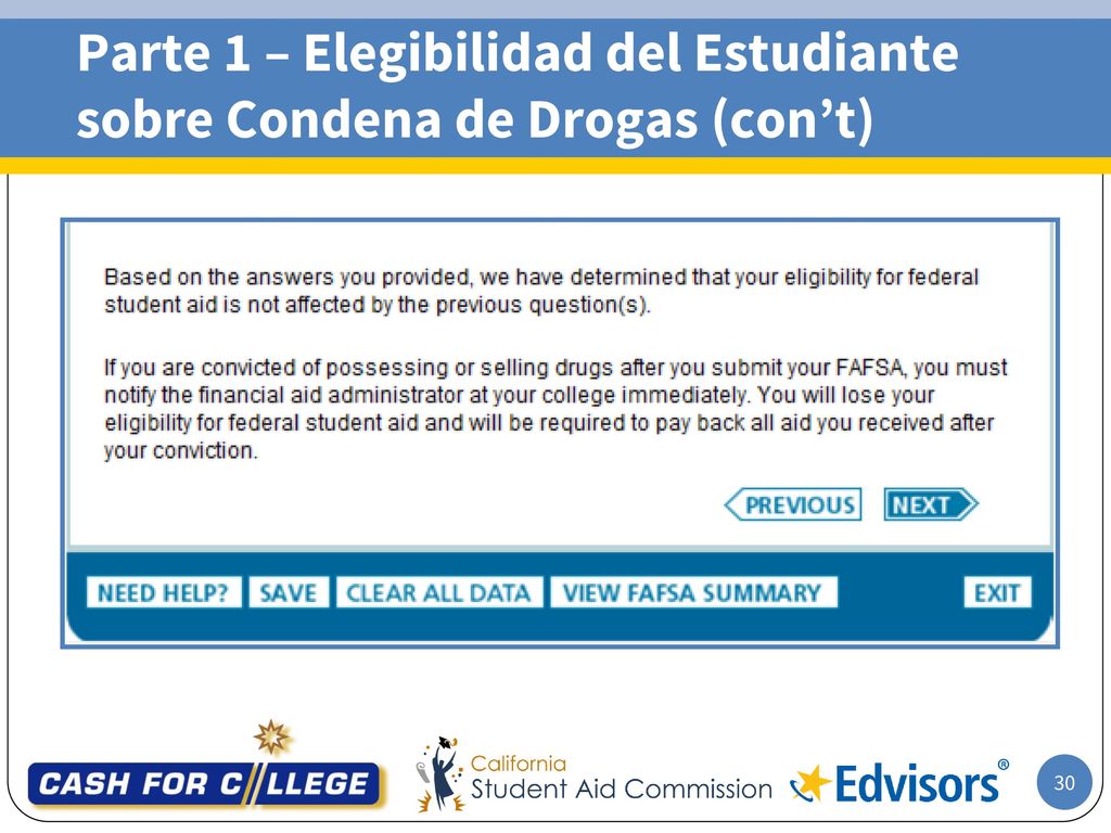 Parte 1 – Elegibilidad del Estudiante sobre Condena de Drogas (con’t)
