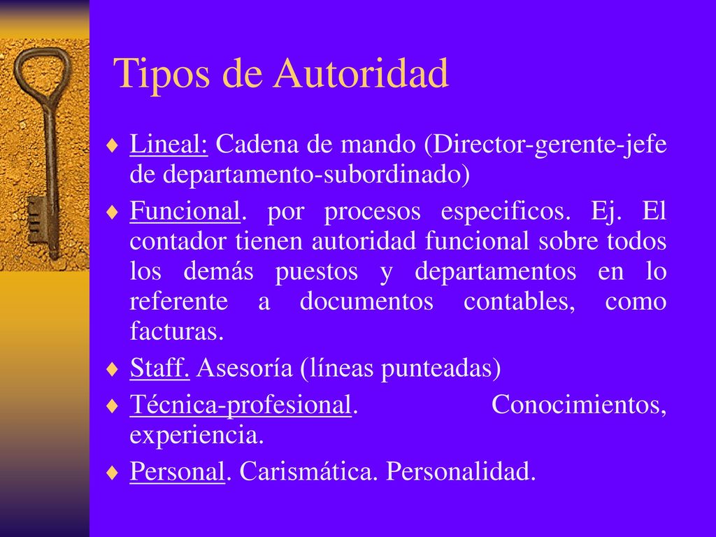 Tipos de Autoridad Lineal: Cadena de mando (Director-gerente-jefe de departamento-subordinado)