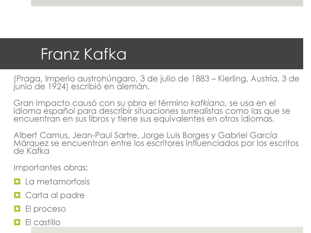 Franz Kafka (Praga, Imperio austrohúngaro, 3 de julio de 1883 – Kierling, Austria, 3 de junio de 1924) escribió en alemán.