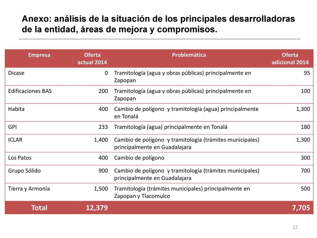 Anexo: análisis de la situación de los principales desarrolladoras de la entidad, áreas de mejora y compromisos.