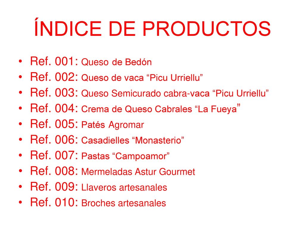 ÍNDICE DE PRODUCTOS Ref. 001: Queso de Bedón