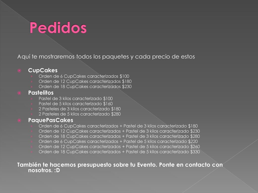 Pedidos Aquí te mostraremos todos los paquetes y cada precio de estos