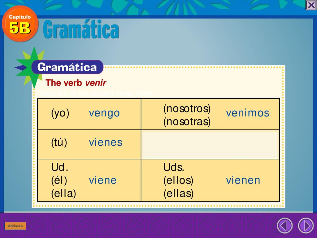 The verb venir Here are all the present-tense forms: Atkinson