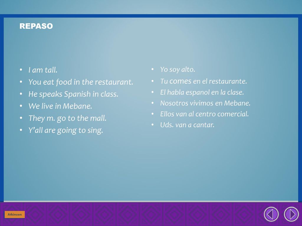 You eat food in the restaurant. He speaks Spanish in class.