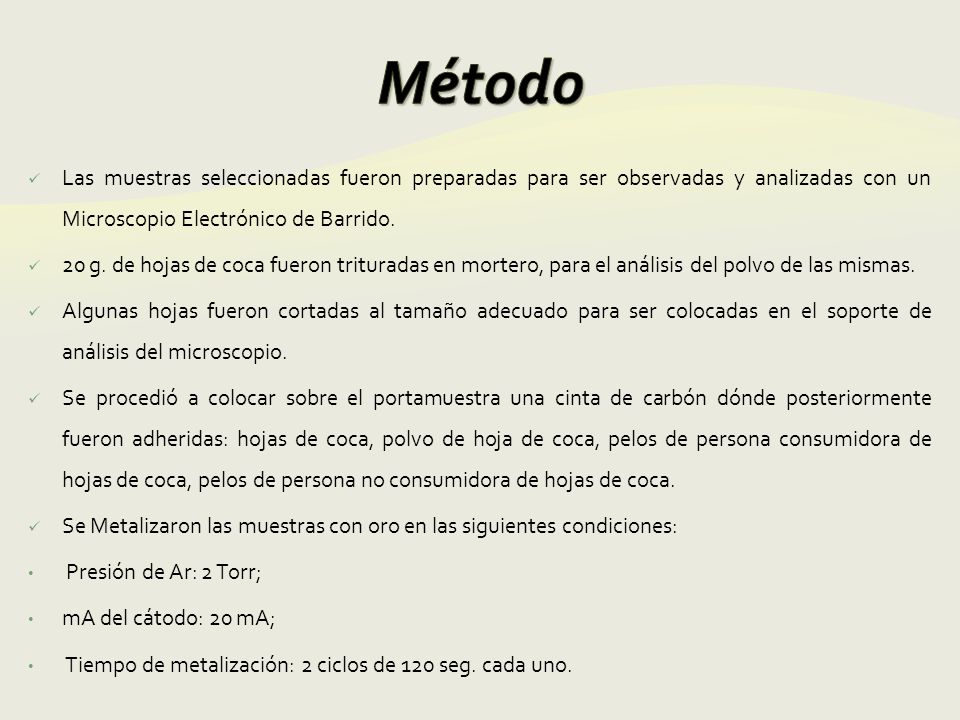 Método Las muestras seleccionadas fueron preparadas para ser observadas y analizadas con un Microscopio Electrónico de Barrido.