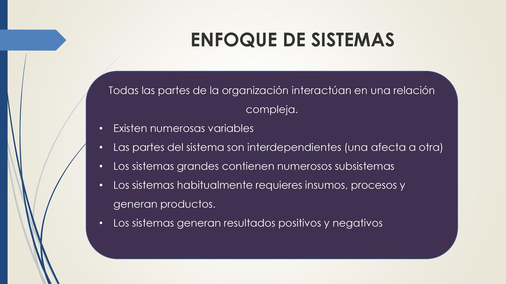 ENFOQUE DE SISTEMAS Todas las partes de la organización interactúan en una relación compleja. Existen numerosas variables.