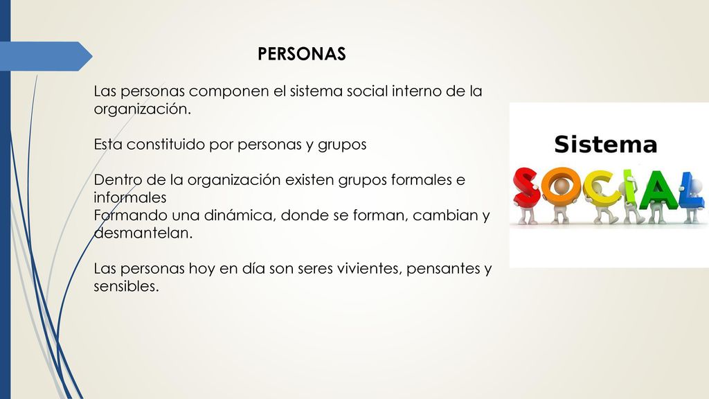 PERSONAS Las personas componen el sistema social interno de la organización. Esta constituido por personas y grupos.