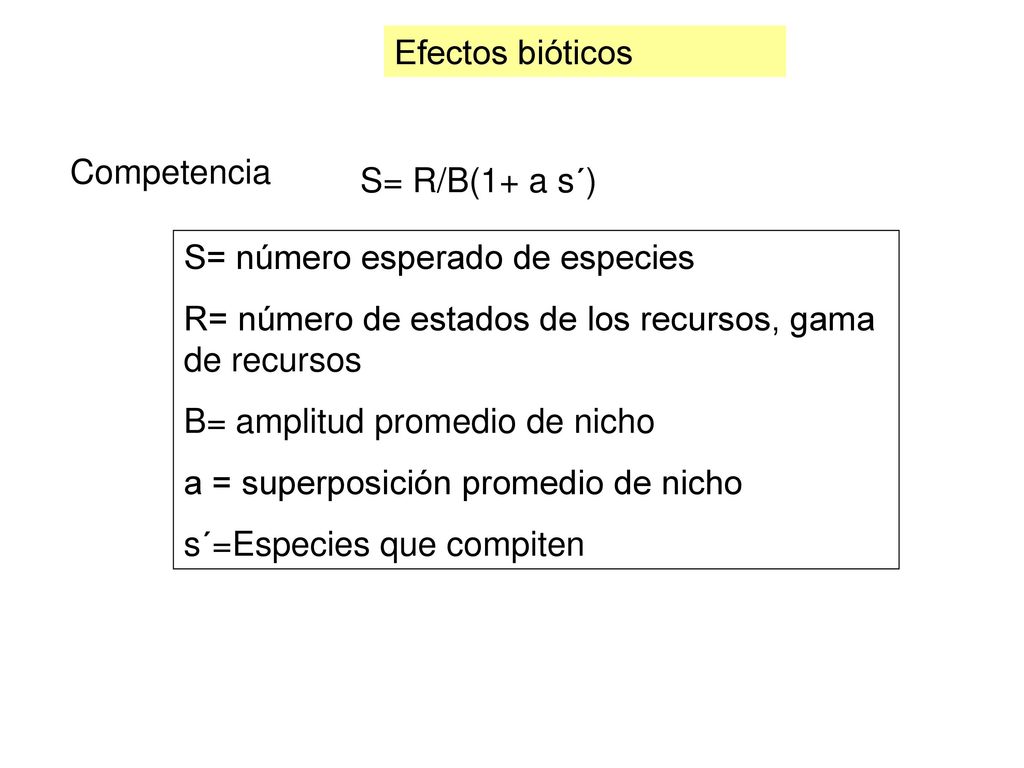 Efectos bióticos Competencia. S= R/B(1+ a s´) S= número esperado de especies. R= número de estados de los recursos, gama de recursos.