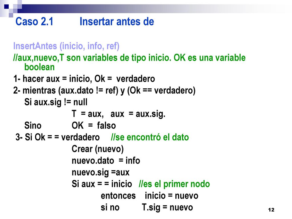 Caso 2.1 Insertar antes de InsertAntes (inicio, info, ref) //aux,nuevo,T son variables de tipo inicio. OK es una variable boolean.