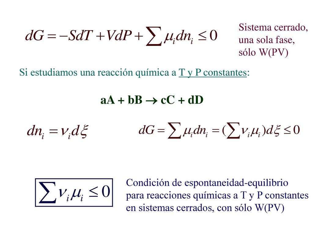 aA + bB  cC + dD Sistema cerrado, una sola fase, sólo W(PV)
