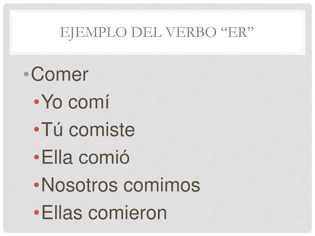Comer Yo comí Tú comiste Ella comió Nosotros comimos Ellas comieron
