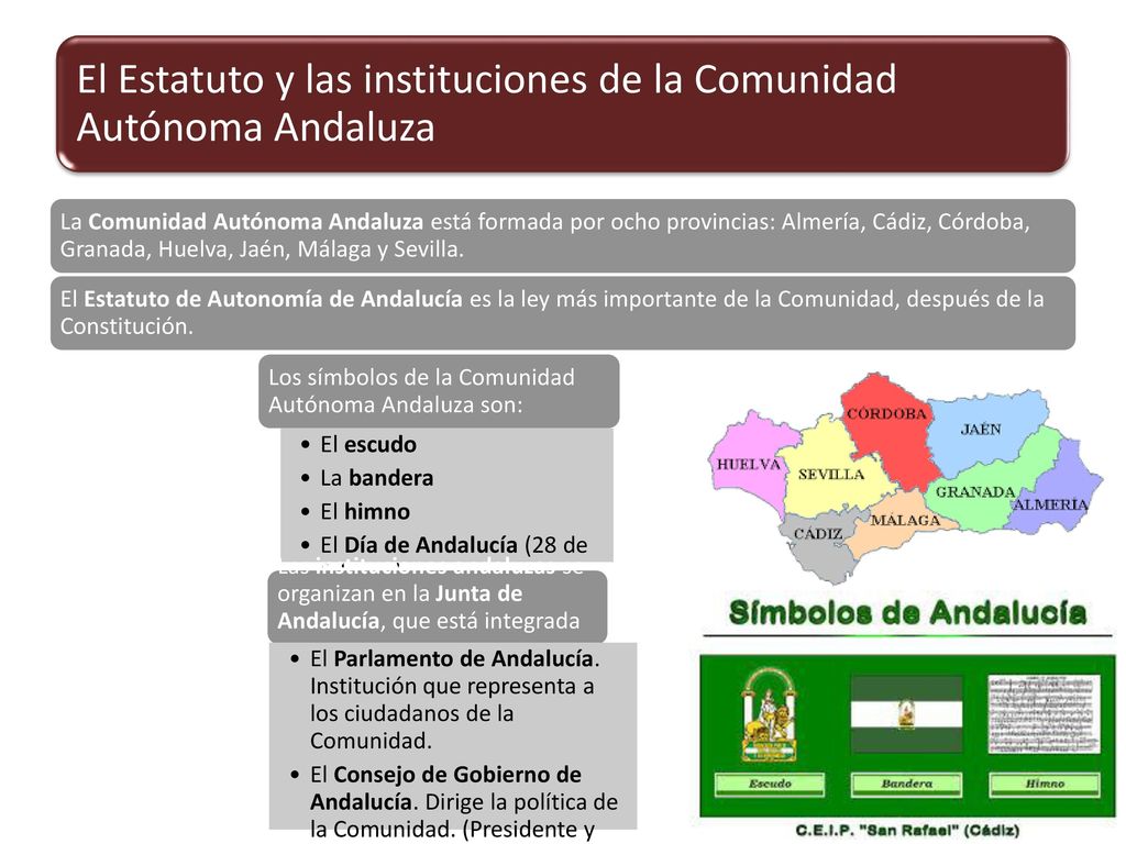 Los símbolos de la Comunidad Autónoma Andaluza son: El escudo