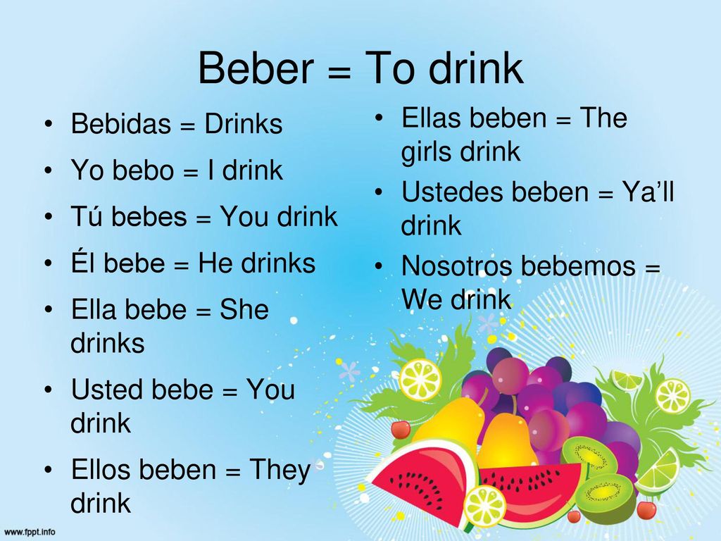 Beber = To drink Ellas beben = The girls drink Bebidas = Drinks