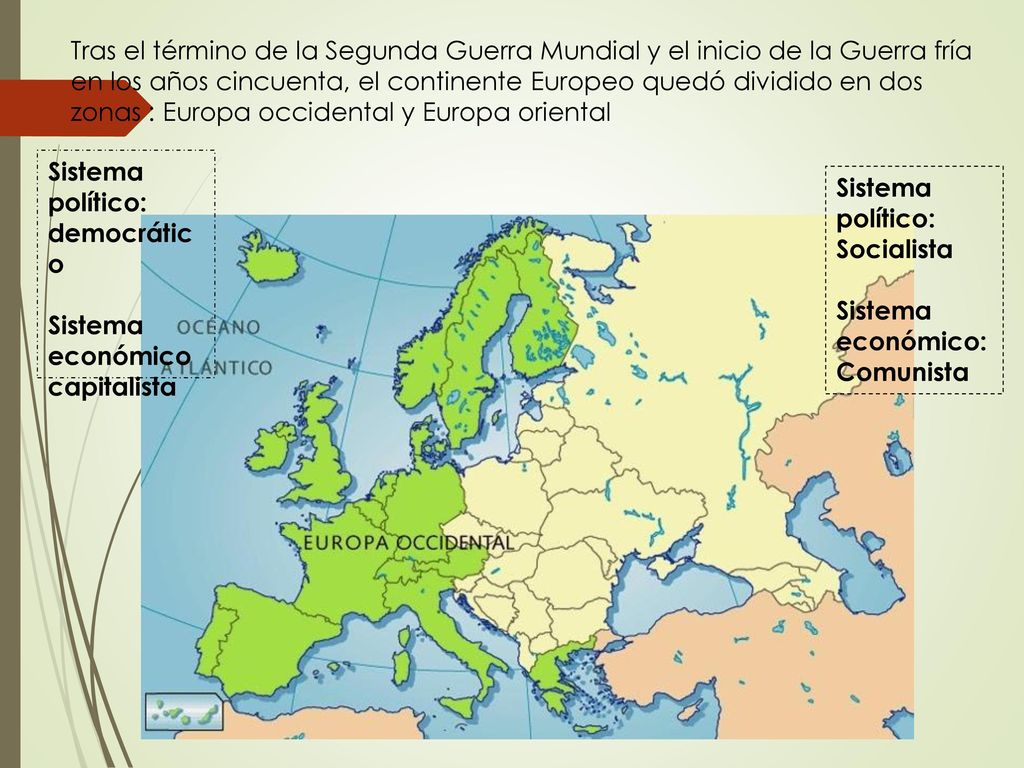 Tras el término de la Segunda Guerra Mundial y el inicio de la Guerra fría en los años cincuenta, el continente Europeo quedó dividido en dos zonas : Europa occidental y Europa oriental