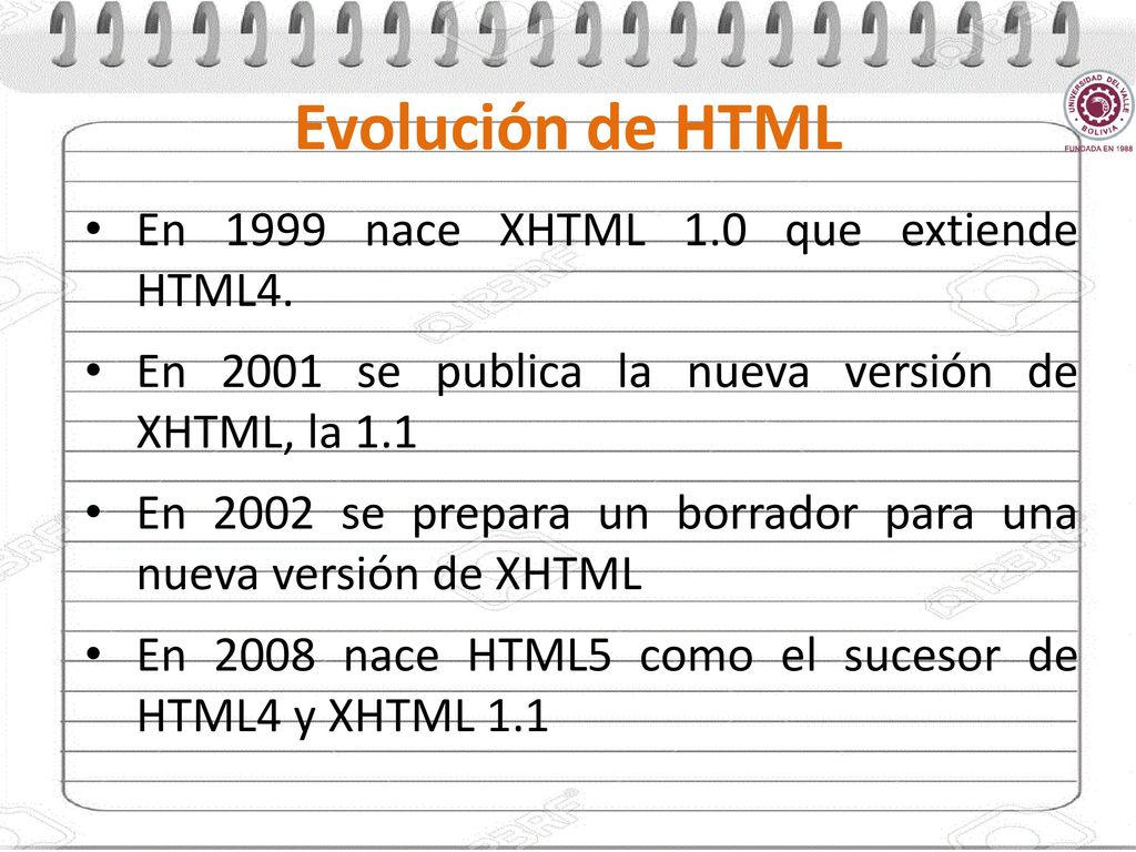 Evolución de HTML En 1999 nace XHTML 1.0 que extiende HTML4.