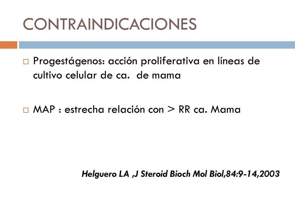 CONTRAINDICACIONES Progestágenos: acción proliferativa en líneas de cultivo celular de ca. de mama.