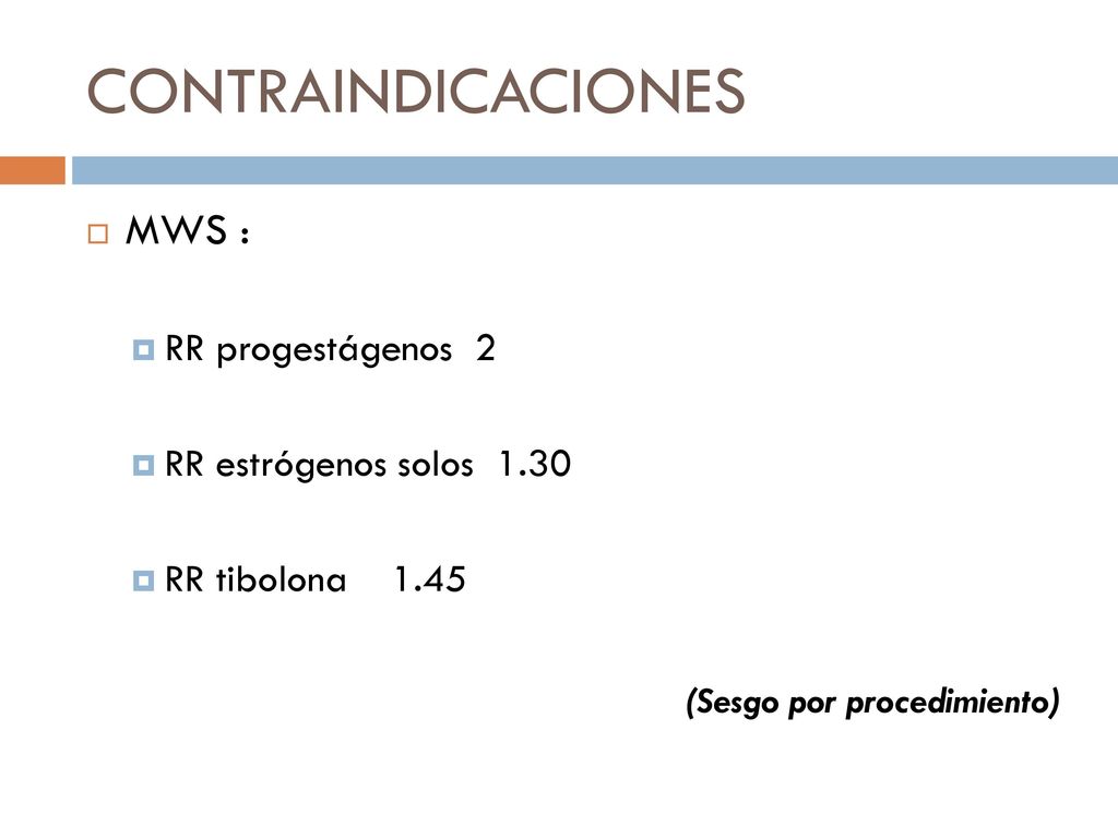 CONTRAINDICACIONES MWS : RR progestágenos 2 RR estrógenos solos 1.30