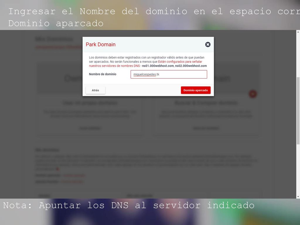 Ingresar el Nombre del dominio en el espacio correspondiente y dar Click en