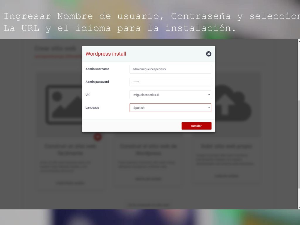 Ingresar Nombre de usuario, Contraseña y seleccionar de la lista desplegable
