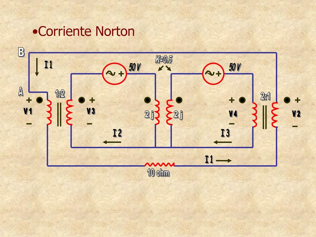 Corriente Norton B A 2 j 2 j K=0.5 I 1 50 V 50 V 1:2 2:1 I 2 I 3 I 1