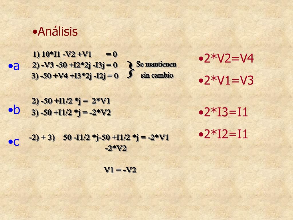 } Análisis 2*V2=V4 2*V1=V3 a b 2*I3=I1 2*I2=I1 c 1) 10*I1 -V2 +V1 = 0