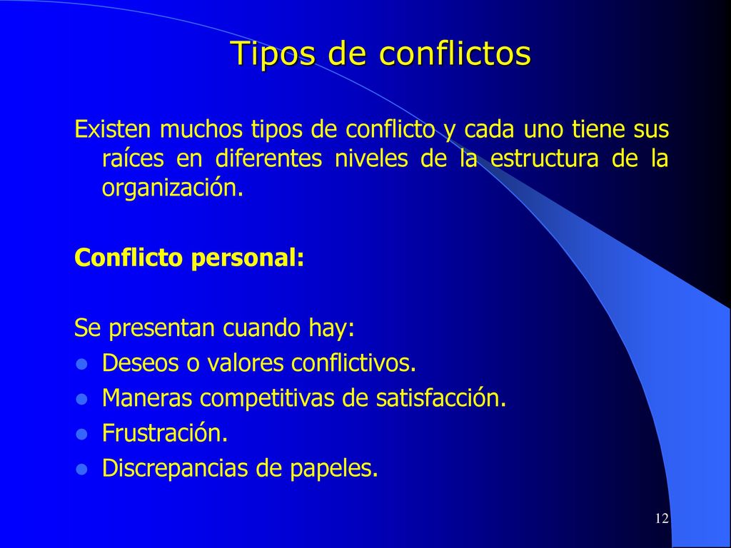 Tipos de conflictos Existen muchos tipos de conflicto y cada uno tiene sus raíces en diferentes niveles de la estructura de la organización.