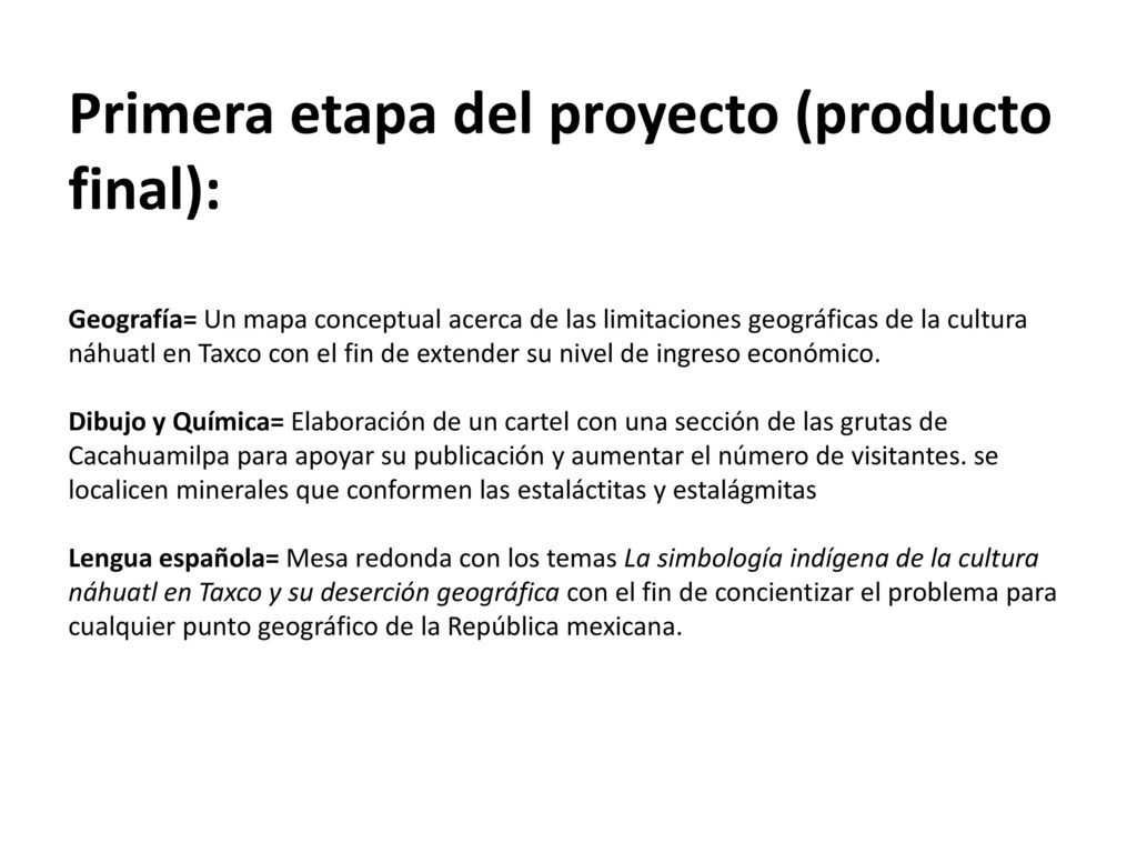 Primera etapa del proyecto (producto final): Geografía= Un mapa conceptual acerca de las limitaciones geográficas de la cultura náhuatl en Taxco con el fin de extender su nivel de ingreso económico.