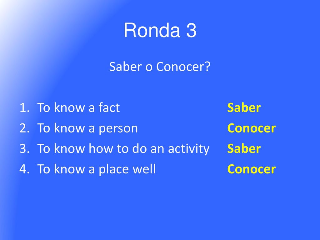 Ronda 3 Saber o Conocer To know a fact Saber To know a person Conocer