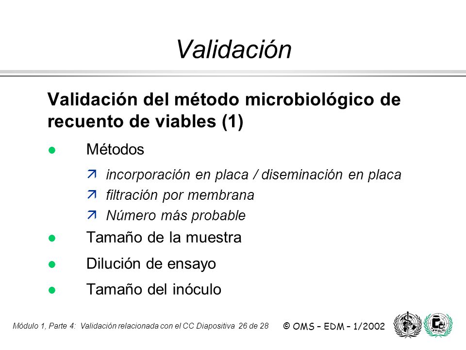 Validación Validación del método microbiológico de recuento de viables (1) Métodos. incorporación en placa / diseminación en placa.