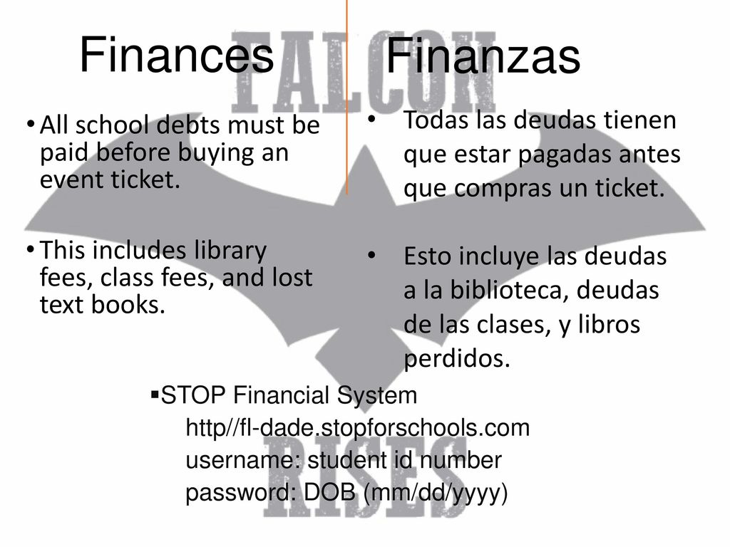 Finances Finanzas. Todas las deudas tienen que estar pagadas antes que compras un ticket.