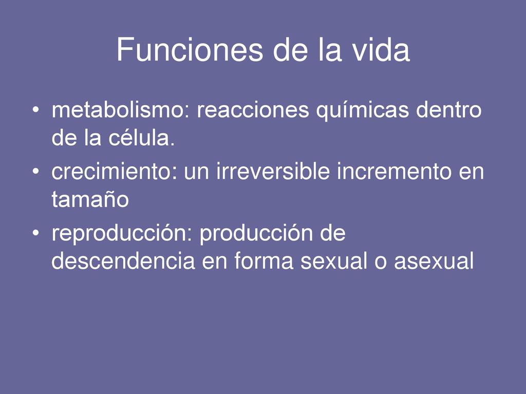 Funciones de la vida metabolismo: reacciones químicas dentro de la célula. crecimiento: un irreversible incremento en tamaño.