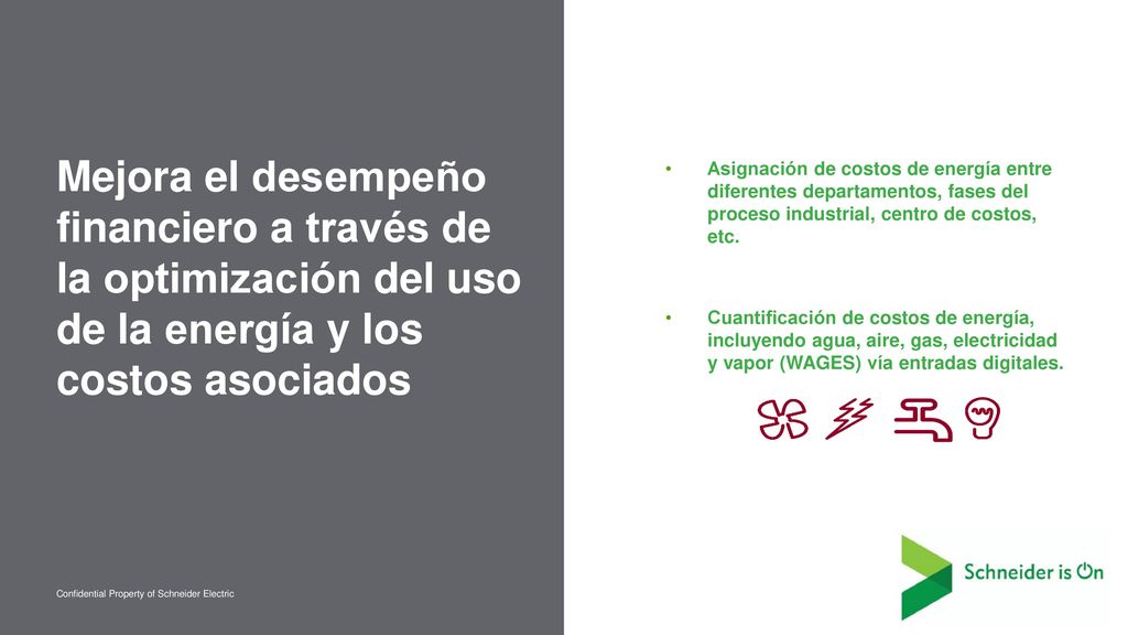 Asignación de costos de energía entre diferentes departamentos, fases del proceso industrial, centro de costos, etc.
