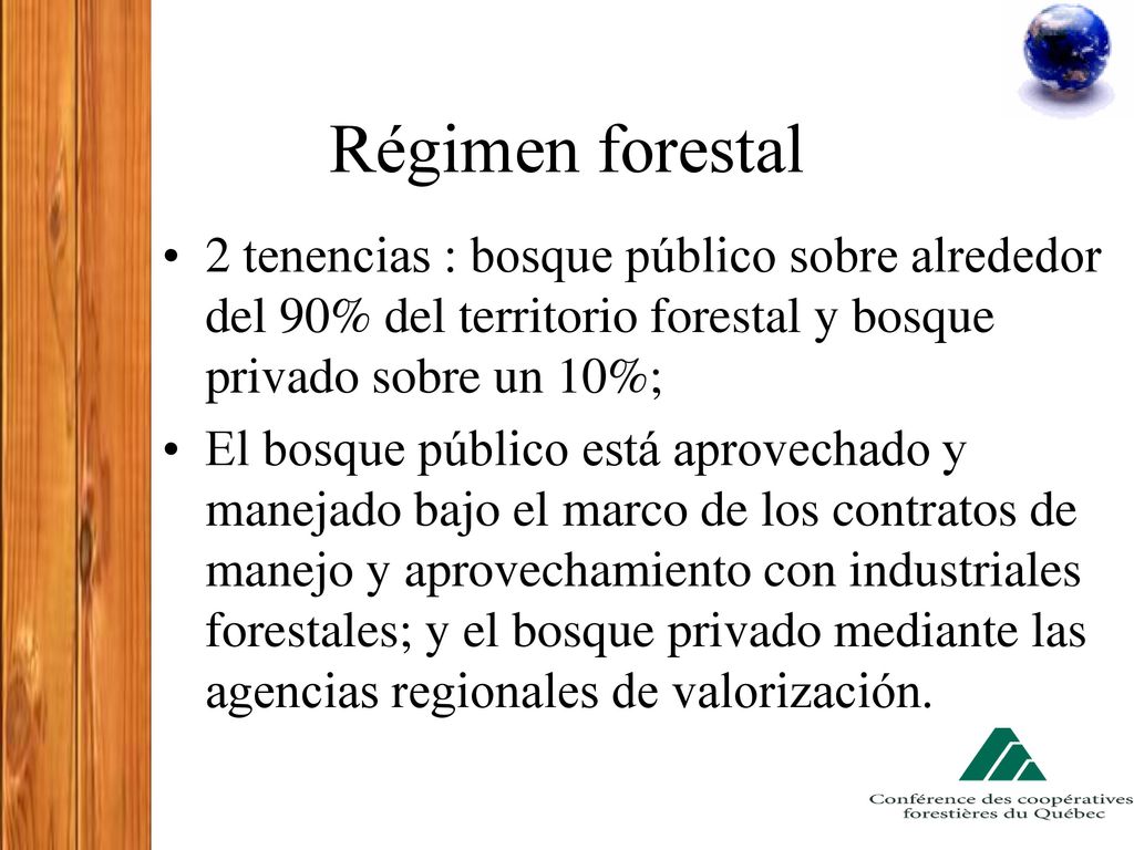 Régimen forestal 2 tenencias : bosque público sobre alrededor del 90% del territorio forestal y bosque privado sobre un 10%;